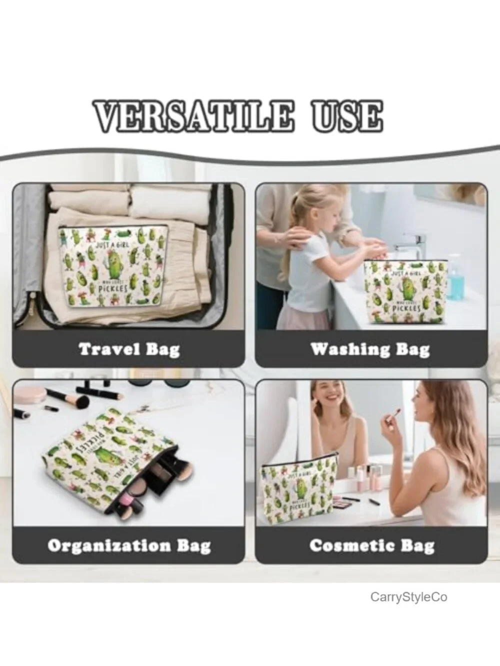 Canvas Pickle Makeup Bag - Zipper Cosmetic Travel Toiletry Pouch
